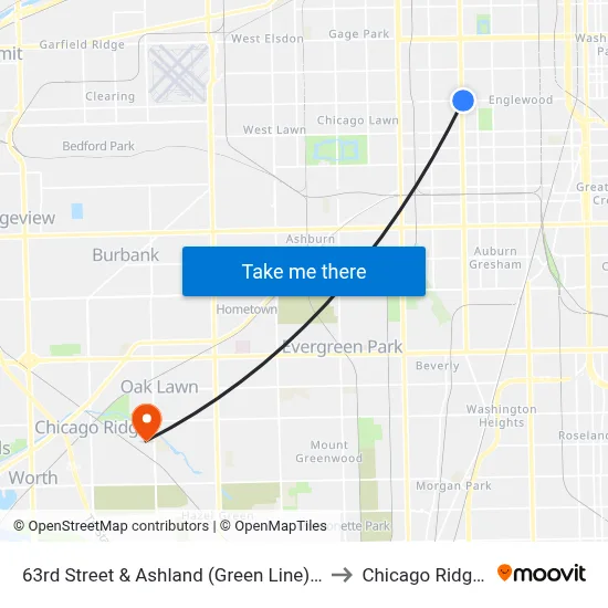 63rd Street & Ashland (Green Line) (East) to Chicago Ridge, IL map