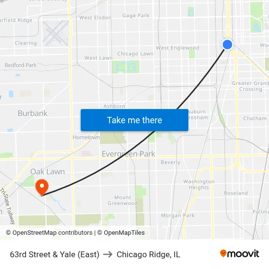 63rd Street & Yale (East) to Chicago Ridge, IL map
