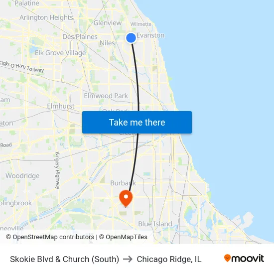Skokie Blvd & Church (South) to Chicago Ridge, IL map