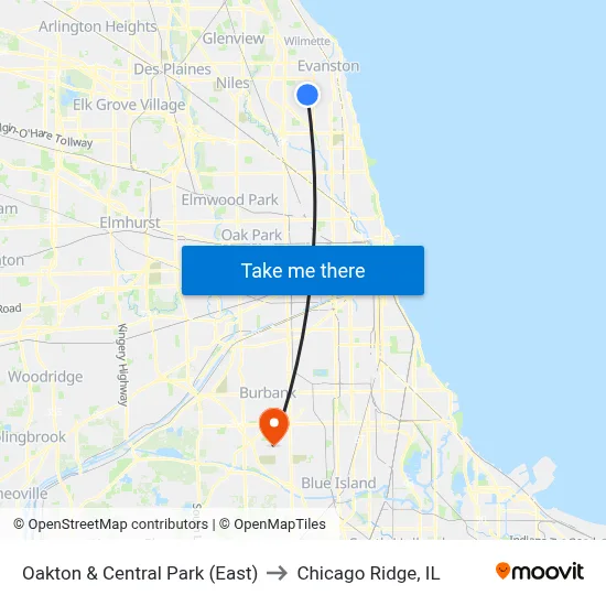 Oakton & Central Park (East) to Chicago Ridge, IL map