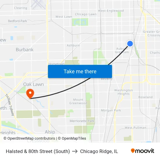 Halsted & 80th Street (South) to Chicago Ridge, IL map