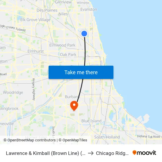 Lawrence & Kimball (Brown Line) (West) to Chicago Ridge, IL map