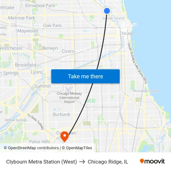 Clybourn Metra Station (West) to Chicago Ridge, IL map