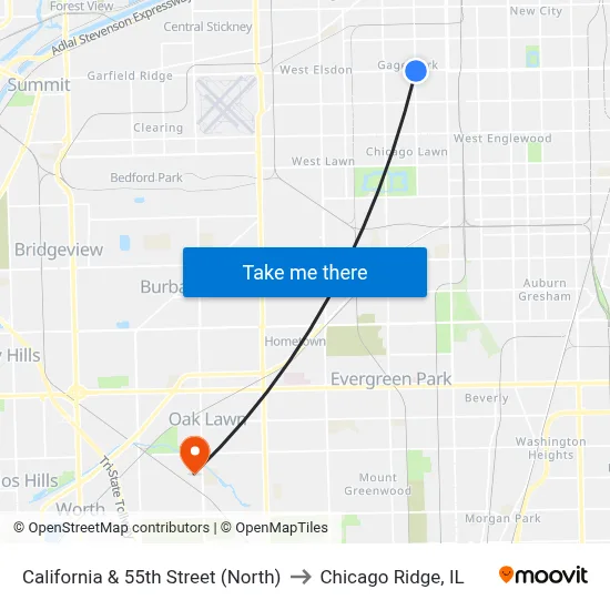 California & 55th Street (North) to Chicago Ridge, IL map