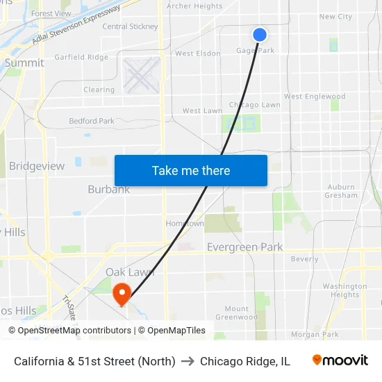 California & 51st Street (North) to Chicago Ridge, IL map