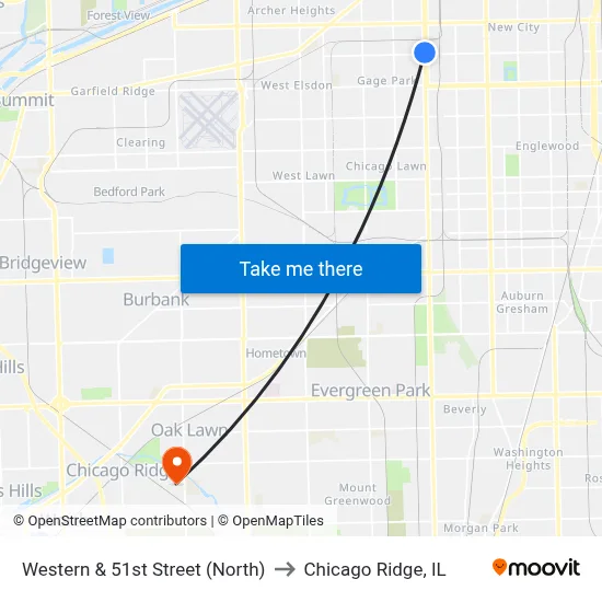 Western & 51st Street (North) to Chicago Ridge, IL map