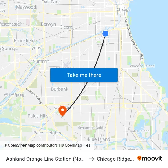 Ashland Orange Line Station (North) to Chicago Ridge, IL map