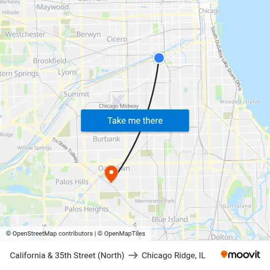California & 35th Street (North) to Chicago Ridge, IL map