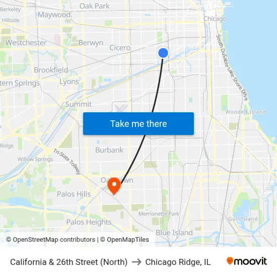 California & 26th Street (North) to Chicago Ridge, IL map