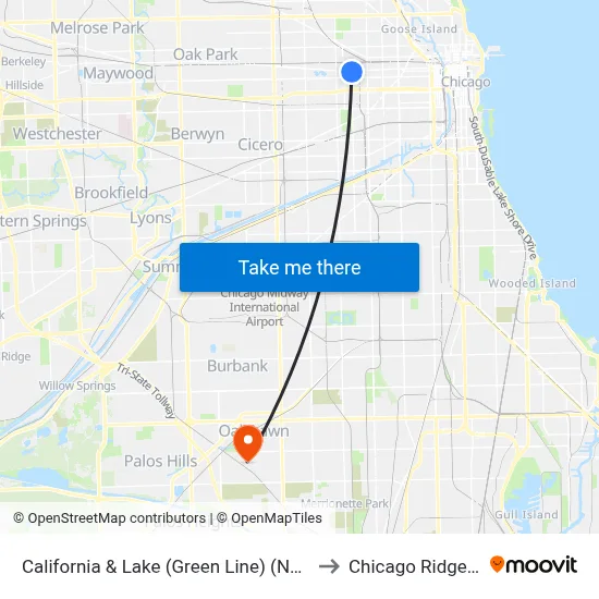 California & Lake (Green Line) (North) to Chicago Ridge, IL map
