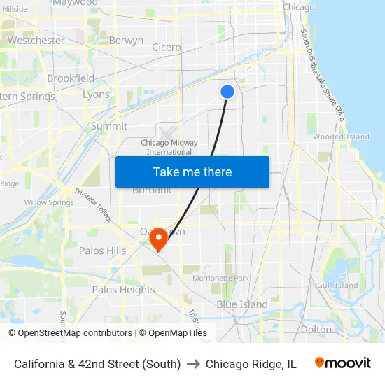 California & 42nd Street (South) to Chicago Ridge, IL map
