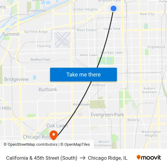 California & 45th Street (South) to Chicago Ridge, IL map