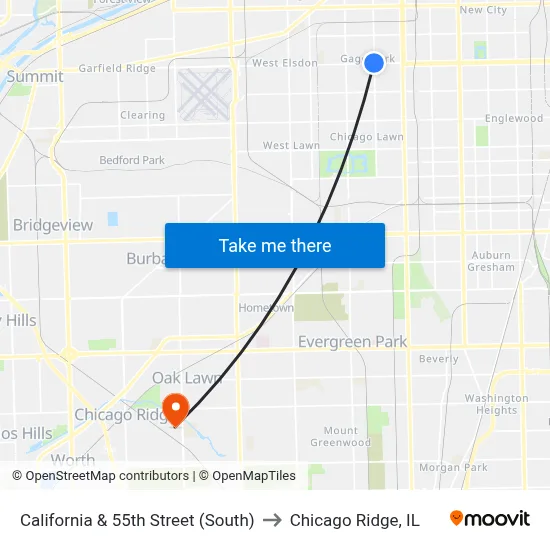 California & 55th Street (South) to Chicago Ridge, IL map