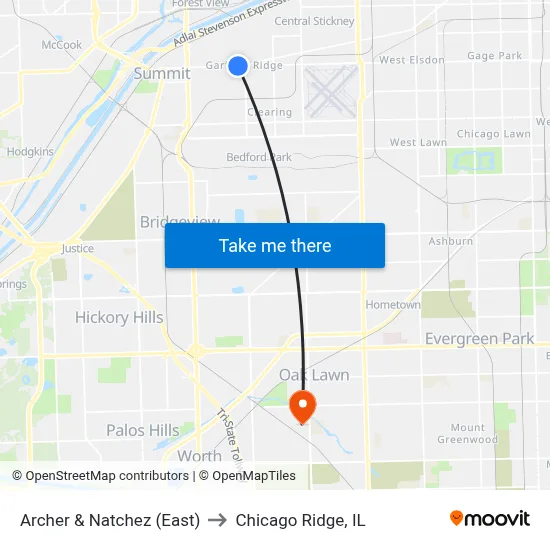 Archer & Natchez (East) to Chicago Ridge, IL map
