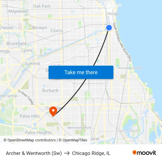 Archer & Wentworth (Sw) to Chicago Ridge, IL map