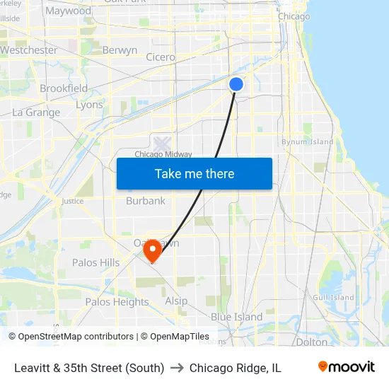 Leavitt & 35th Street (South) to Chicago Ridge, IL map