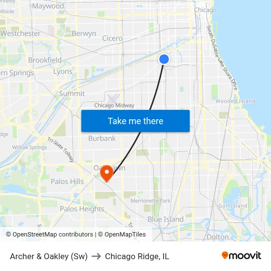 Archer & Oakley (Sw) to Chicago Ridge, IL map