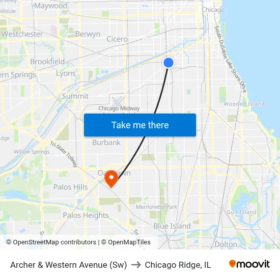 Archer & Western Avenue (Sw) to Chicago Ridge, IL map