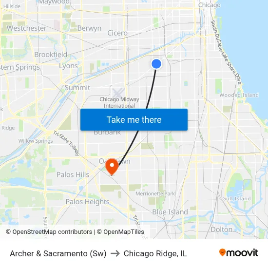 Archer & Sacramento (Sw) to Chicago Ridge, IL map