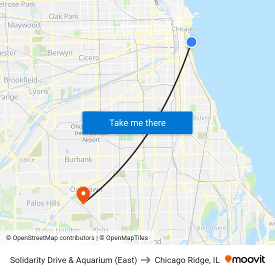 Solidarity Drive & Aquarium (East) to Chicago Ridge, IL map