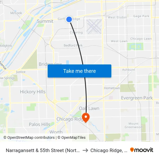 Narragansett & 55th Street (North) to Chicago Ridge, IL map