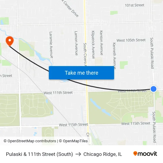 Pulaski & 111th Street (South) to Chicago Ridge, IL map