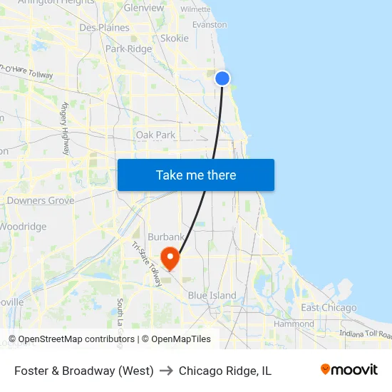 Foster & Broadway (West) to Chicago Ridge, IL map