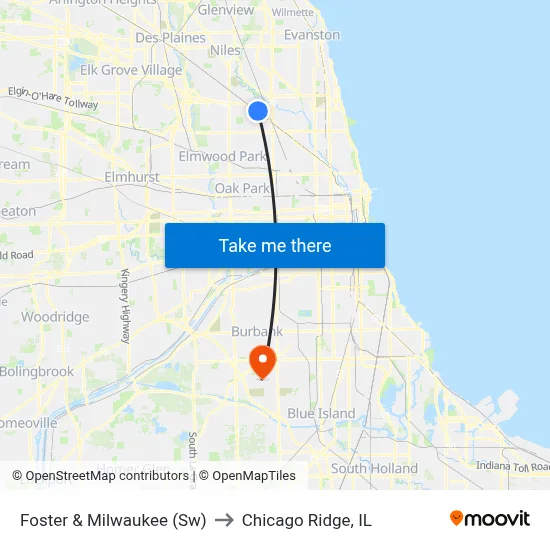 Foster & Milwaukee (Sw) to Chicago Ridge, IL map