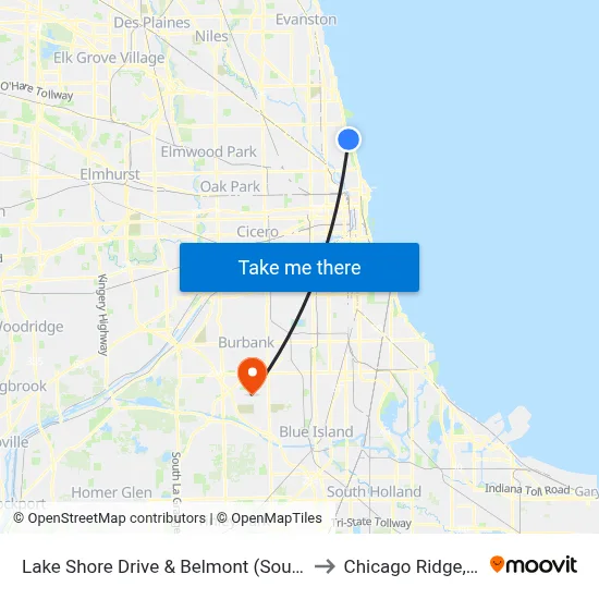 Lake Shore Drive & Belmont (South) to Chicago Ridge, IL map