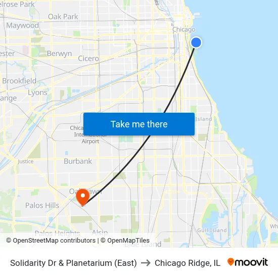 Solidarity Dr & Planetarium (East) to Chicago Ridge, IL map