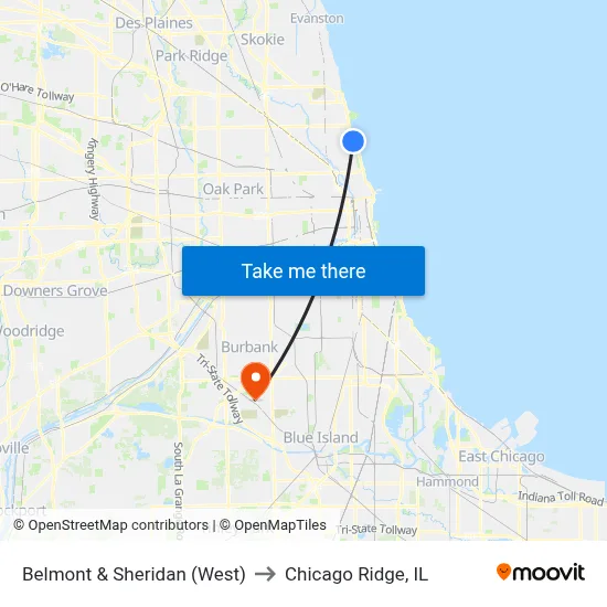 Belmont & Sheridan (West) to Chicago Ridge, IL map