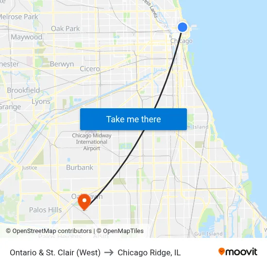 Ontario & St. Clair (West) to Chicago Ridge, IL map