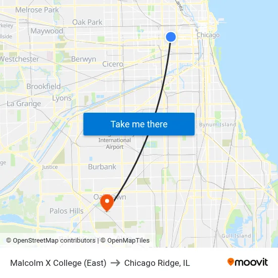 Malcolm X College (East) to Chicago Ridge, IL map