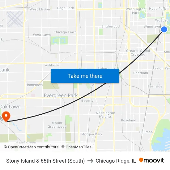 Stony Island & 65th Street (South) to Chicago Ridge, IL map