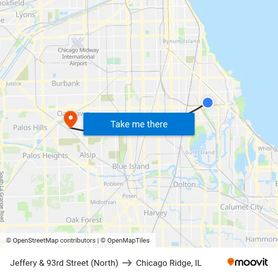 Jeffery & 93rd Street (North) to Chicago Ridge, IL map