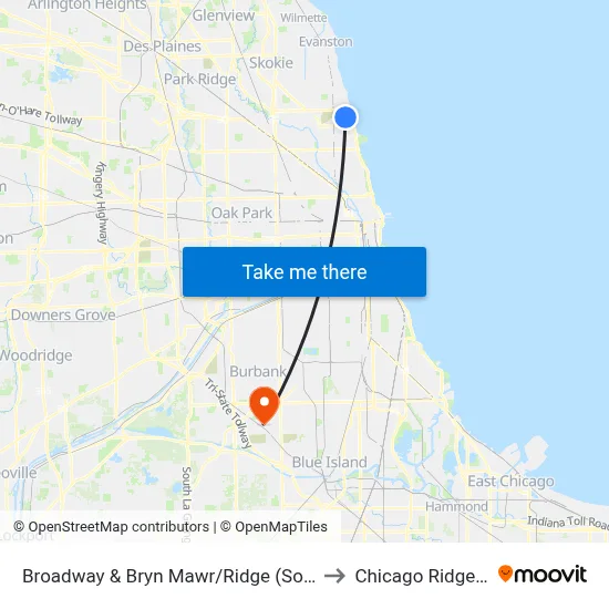 Broadway & Bryn Mawr/Ridge (South) to Chicago Ridge, IL map