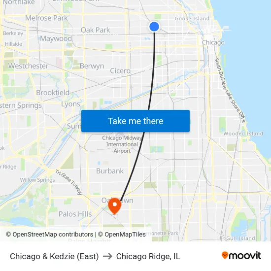 Chicago & Kedzie (East) to Chicago Ridge, IL map