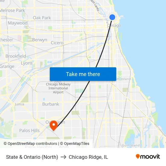 State & Ontario (North) to Chicago Ridge, IL map