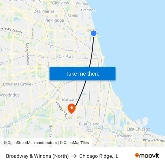 Broadway & Winona (North) to Chicago Ridge, IL map