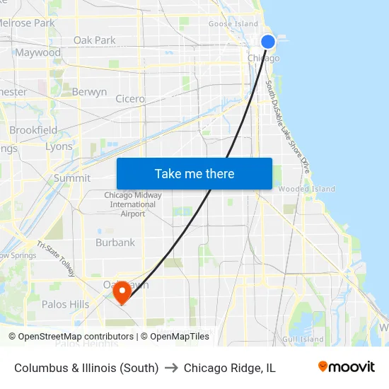 Columbus & Illinois (South) to Chicago Ridge, IL map