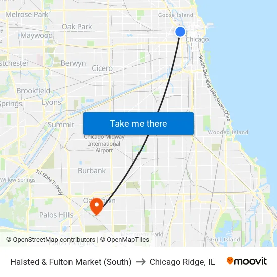 Halsted & Fulton Market (South) to Chicago Ridge, IL map