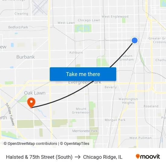 Halsted & 75th Street (South) to Chicago Ridge, IL map
