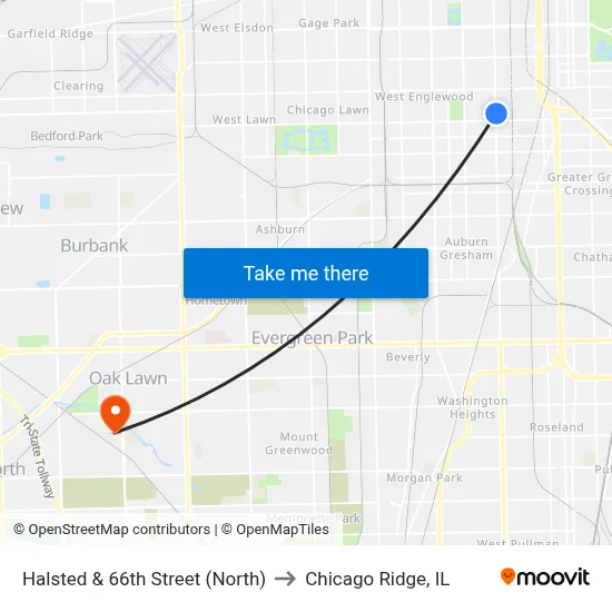 Halsted & 66th Street (North) to Chicago Ridge, IL map