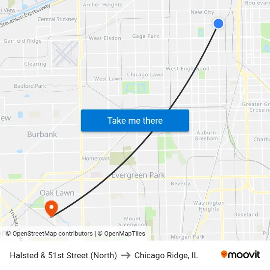 Halsted & 51st Street (North) to Chicago Ridge, IL map