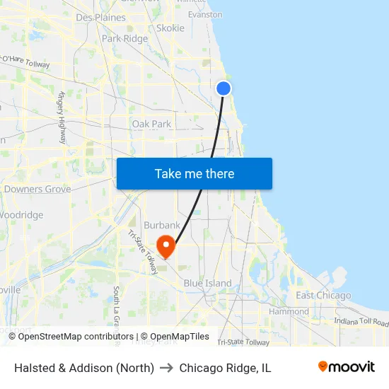 Halsted & Addison (North) to Chicago Ridge, IL map
