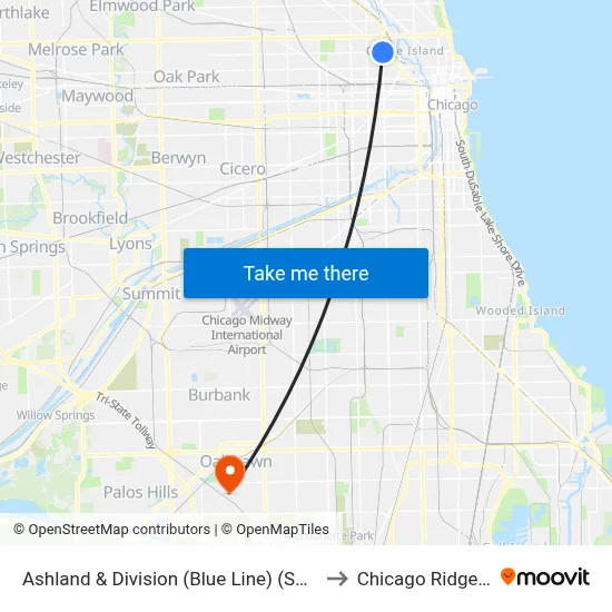 Ashland & Division (Blue Line) (South) to Chicago Ridge, IL map