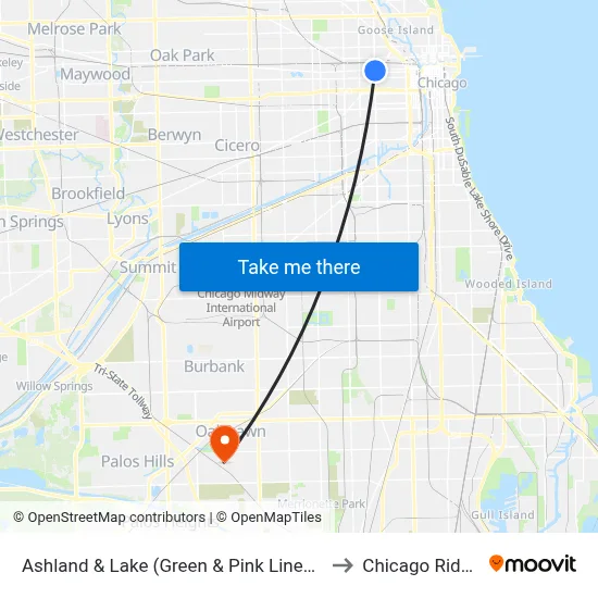 Ashland & Lake (Green & Pink Lines) (South) to Chicago Ridge, IL map