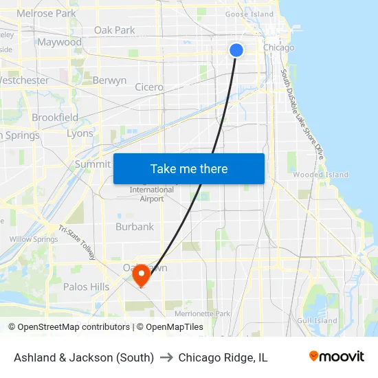 Ashland & Jackson (South) to Chicago Ridge, IL map