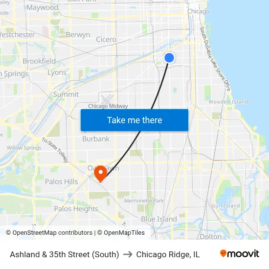 Ashland & 35th Street (South) to Chicago Ridge, IL map