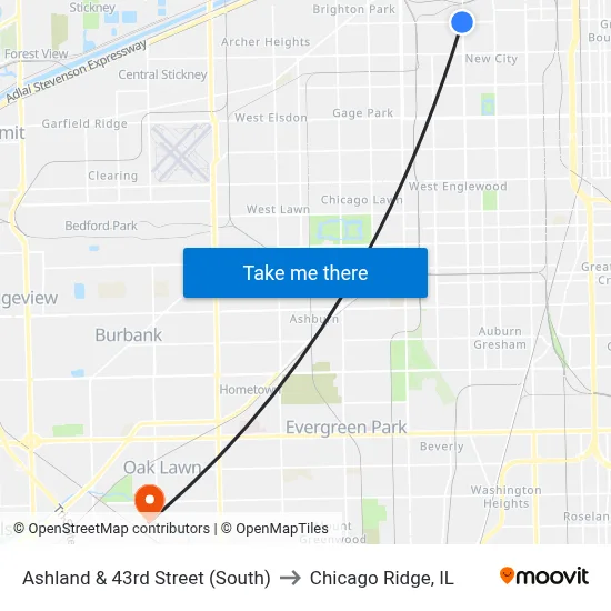 Ashland & 43rd Street (South) to Chicago Ridge, IL map